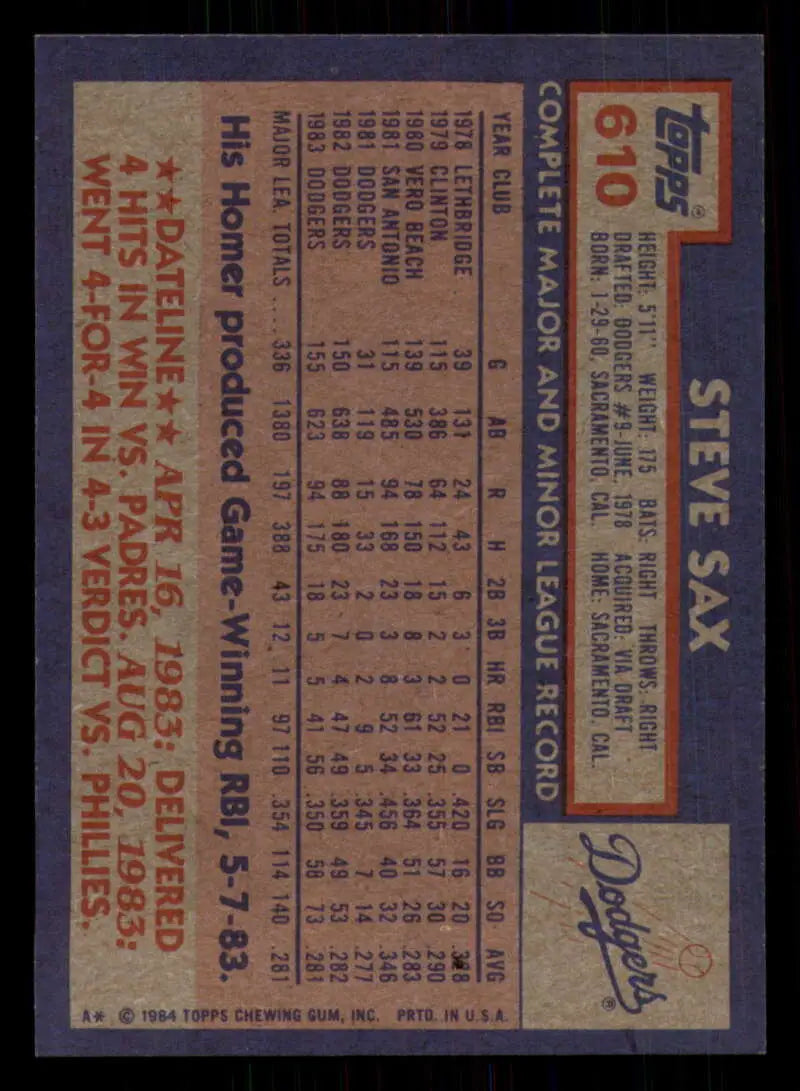 1984 Topps #610 Steve Sax EX Excellent Los Angeles Dodgers Baseball Card - Baseball Card Single