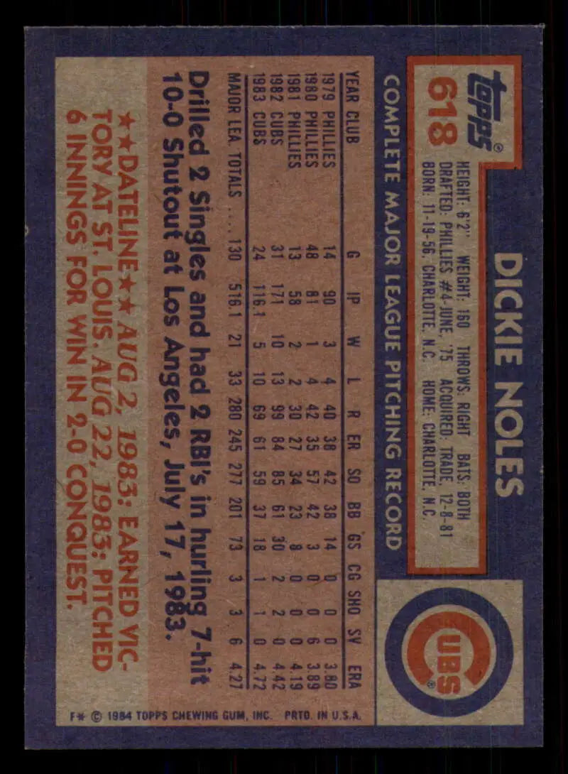 1984 Topps #618 Dickie Noles EX Excellent Chicago Cubs Baseball Card - Baseball Card Single