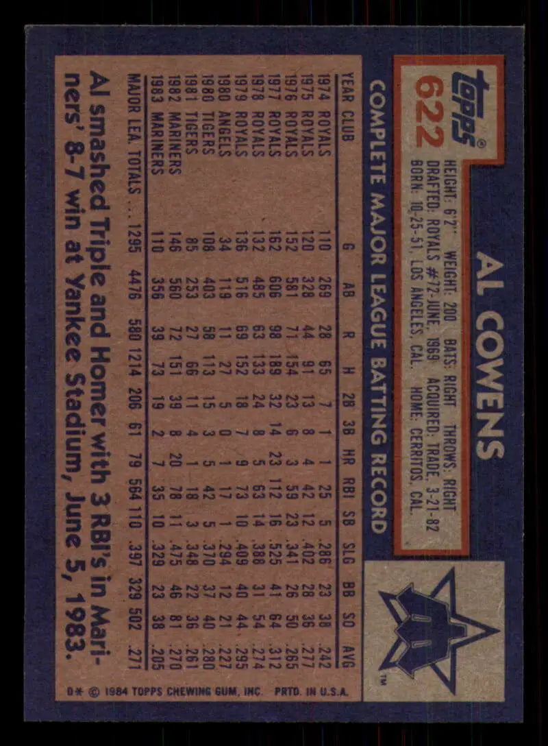 1984 Topps #622 Al Cowens EX Excellent Seattle Mariners Baseball Card - Baseball Card Single