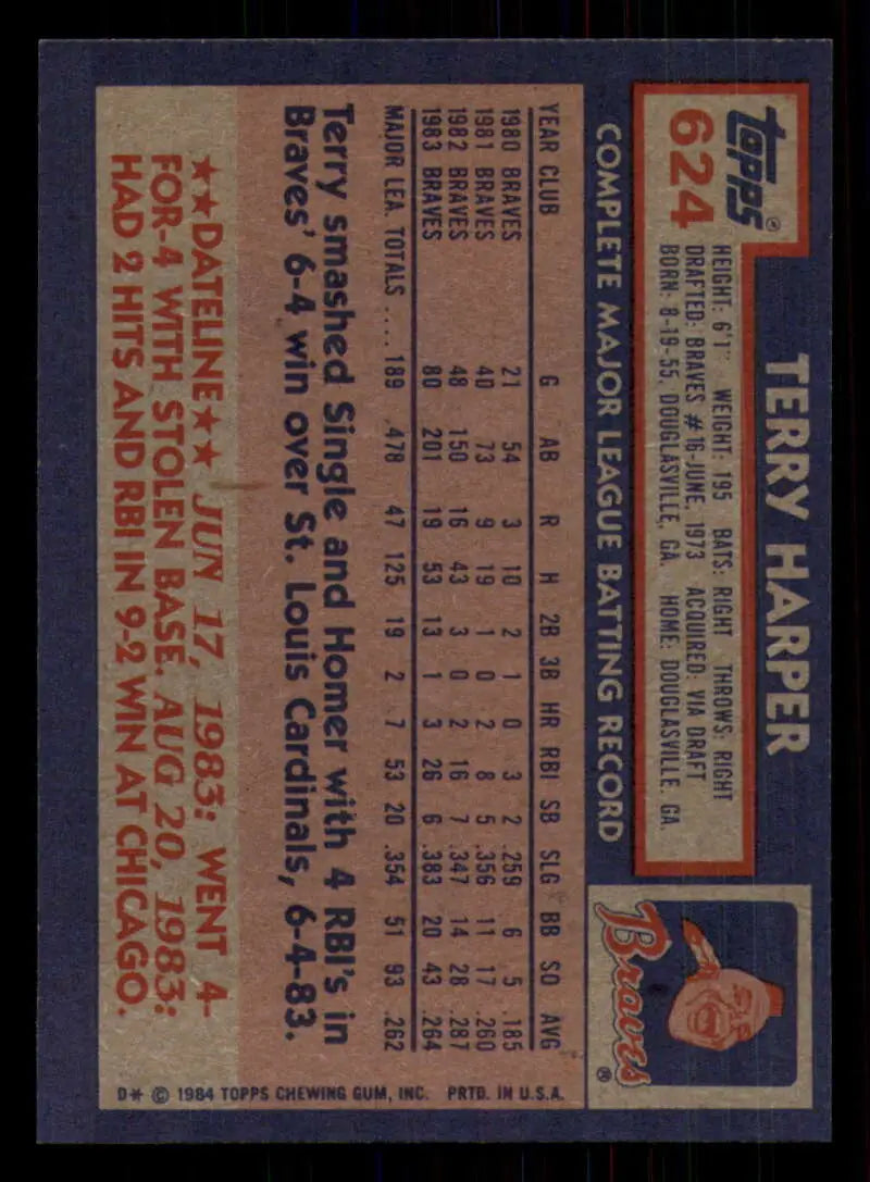 1984 Topps #624 Terry Harper EX Excellent Atlanta Braves Baseball Card - Baseball Card Single