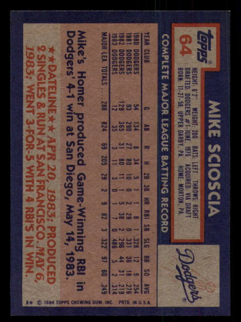 1984 Topps #64 Mike Scioscia EX Excellent Los Angeles Dodgers Baseball Card - Baseball Card Single