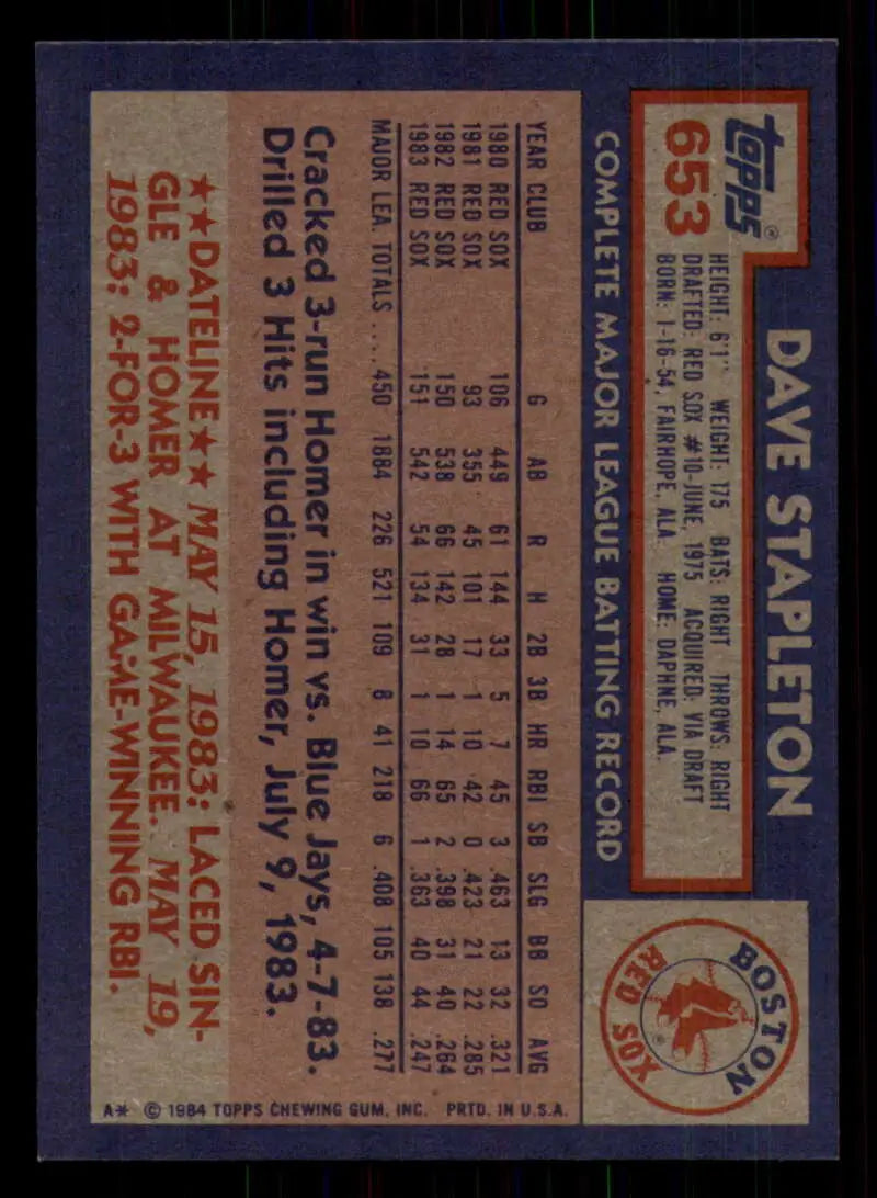 1984 Topps #653 Dave Stapleton EX Excellent Boston Red Sox Baseball Card - Baseball Card Single