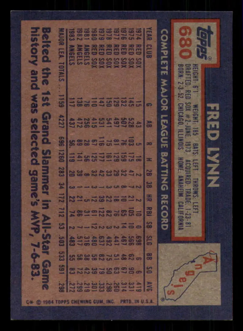 1984 Topps #680 Fred Lynn EX Excellent California Angels Baseball Card - Baseball Card Single