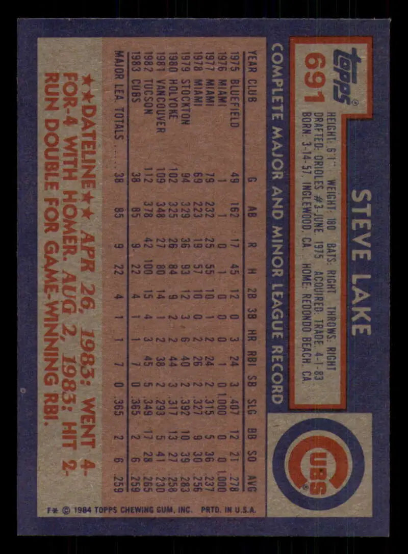 1984 Topps #691 Steve Lake EX Excellent RC Rookie Chicago Cubs Baseball Card - Baseball Card Single