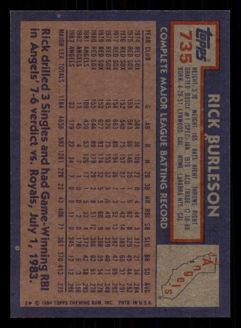 1984 Topps #735 Rick Burleson EX Excellent California Angels Baseball Card - Baseball Card Single