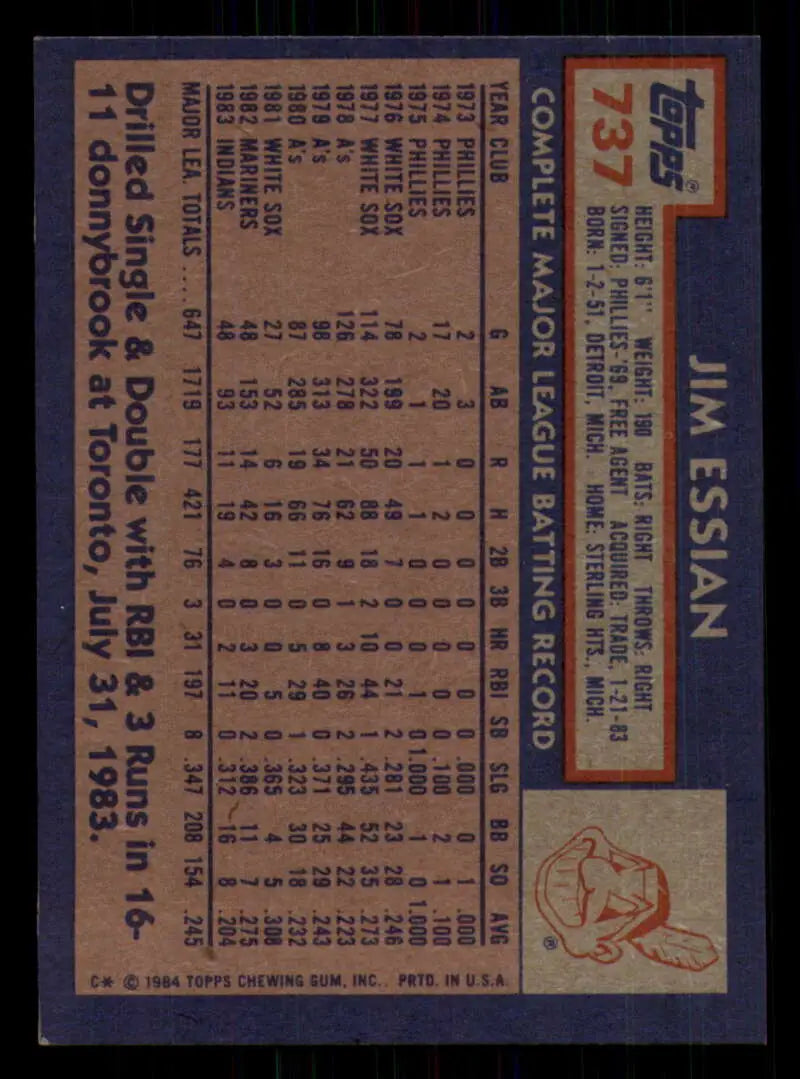 1984 Topps #737 Jim Essian EX Excellent Cleveland Indians Baseball Card - Baseball Card Single