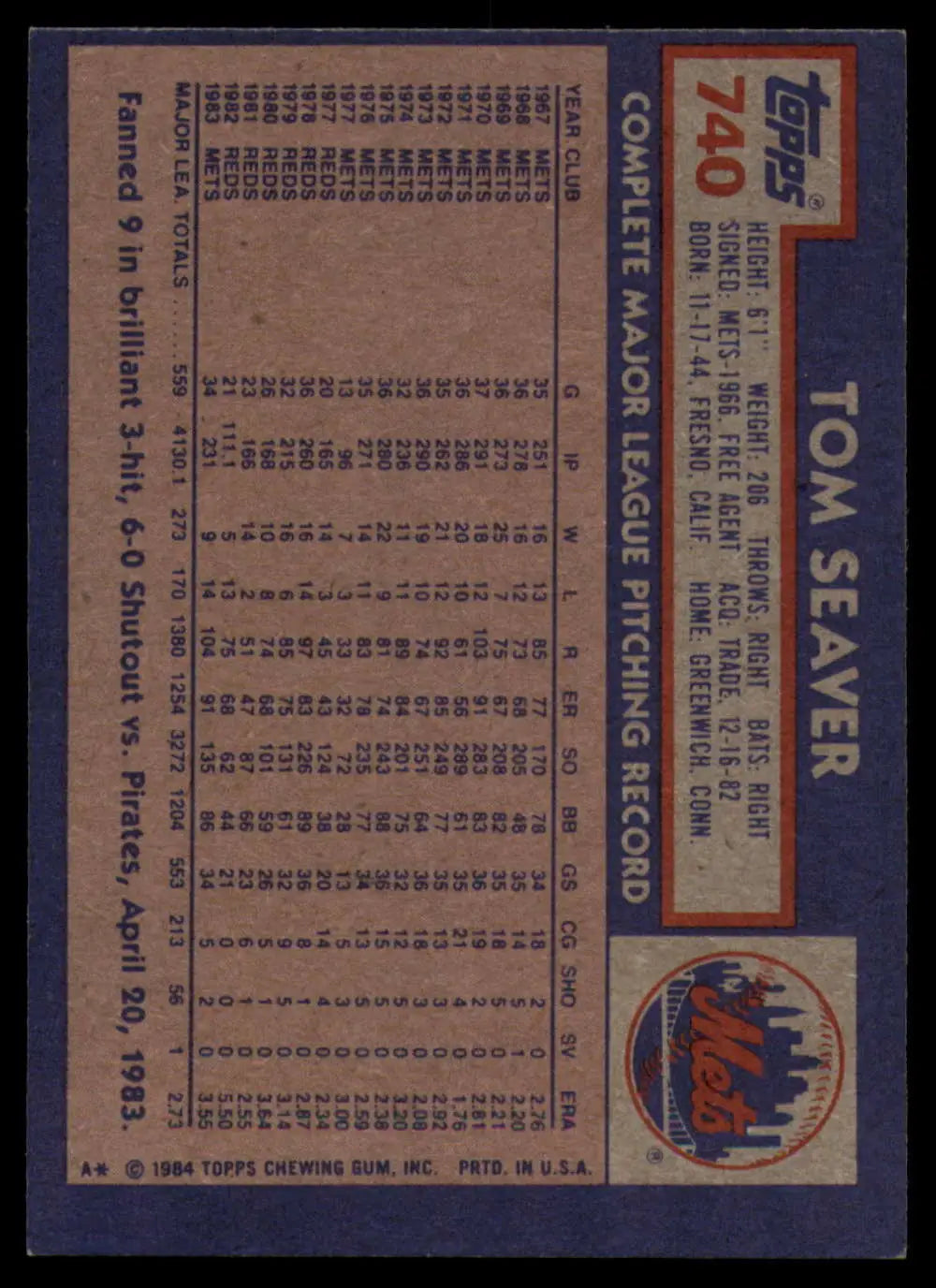 1984 Topps #740 Tom Seaver EX Excellent New York Mets Baseball Card - Baseball Card Single