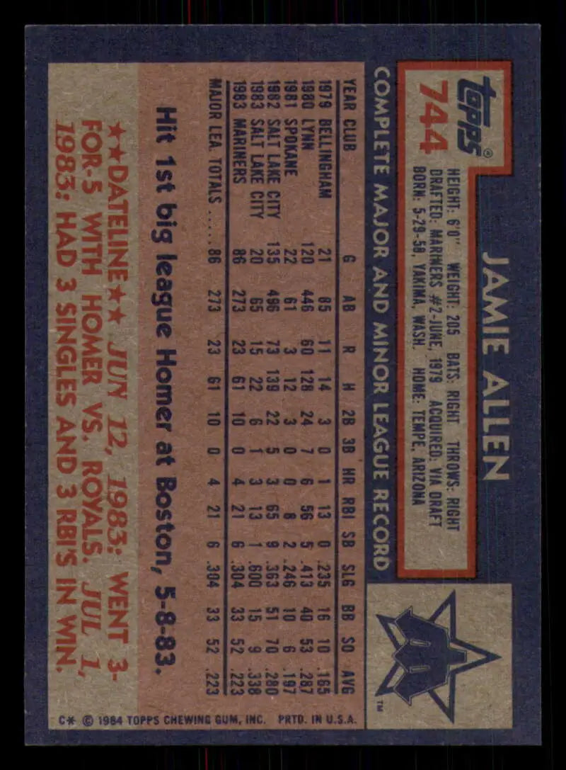 1984 Topps #744 Jamie Allen EX Excellent RC Rookie Seattle Mariners Baseball Card - Baseball Card Single