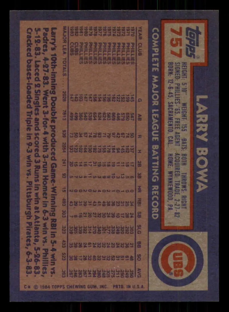 1984 Topps #757 Larry Bowa EX Excellent Chicago Cubs Baseball Card - Baseball Card Single