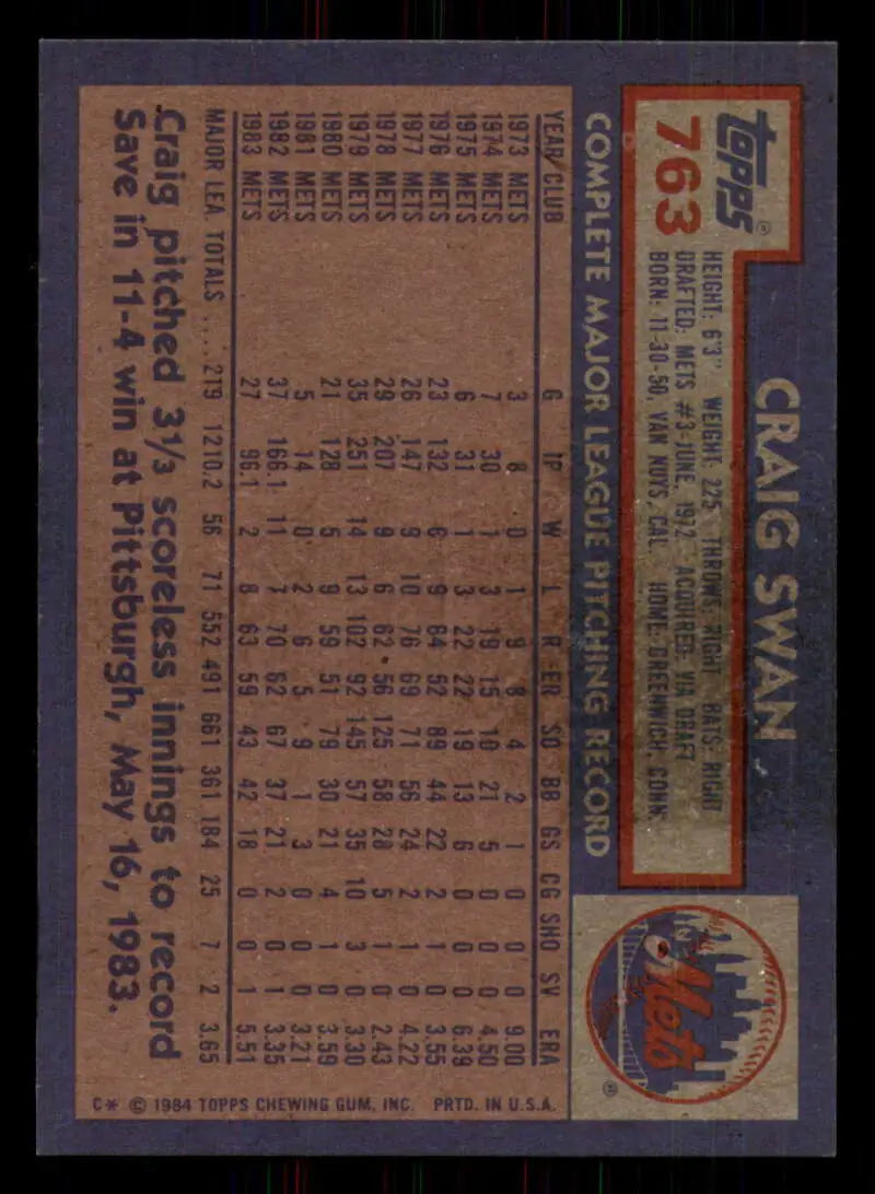 1984 Topps #763 Craig Swan EX Excellent New York Mets Baseball Card - Baseball Card Single