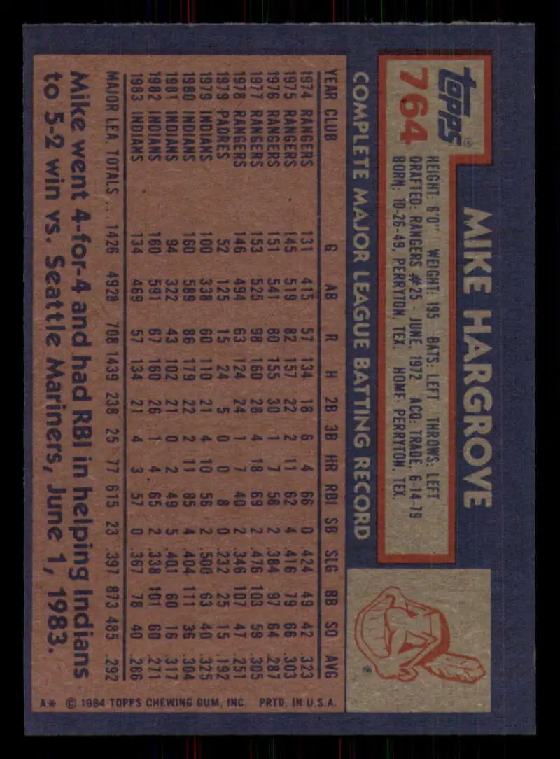 1984 Topps #764 Mike Hargrove EX Excellent Cleveland Indians Baseball Card - Baseball Card Single