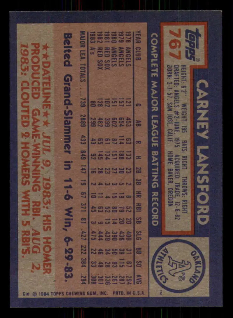 1984 Topps #767 Carney Lansford EX Excellent Oakland Athletics Baseball Card - Baseball Card Single