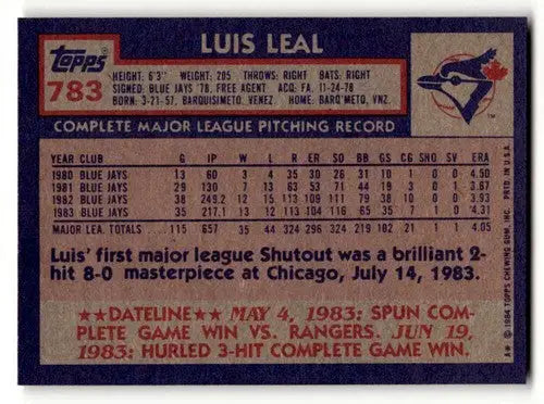 Original gloss Luis Leal Toronto baseball card from 1984 Topps set featuring Leal Toronto Blue Jays
