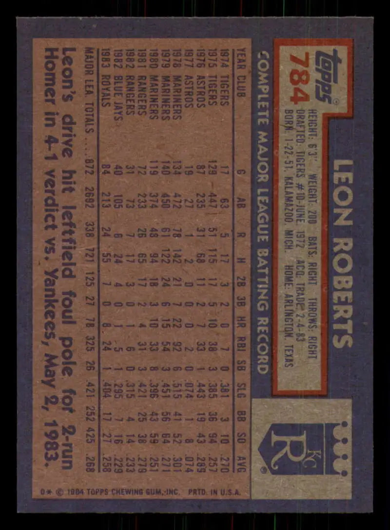 1984 Topps #784 Leon Roberts EX Excellent Kansas City Royals Baseball Card - Baseball Card Single