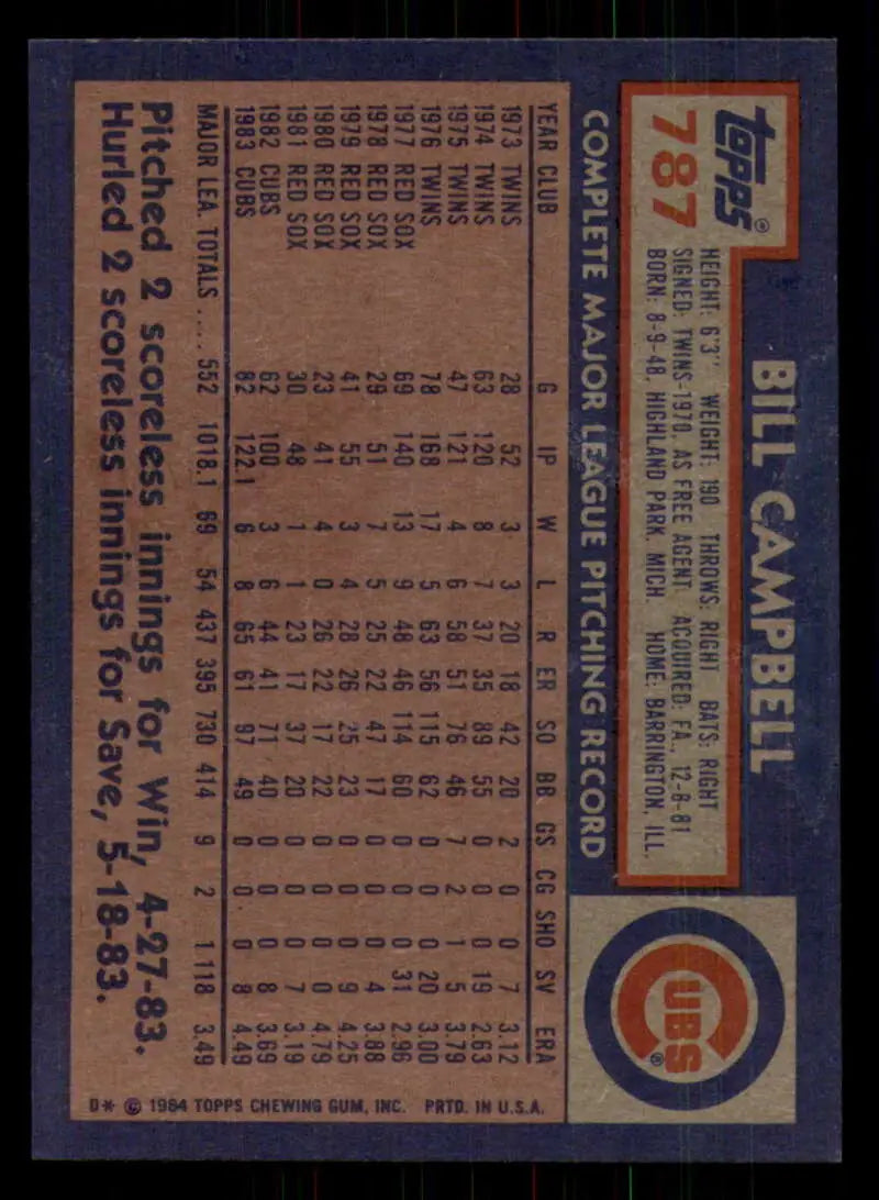 1984 Topps #787 Bill Campbell EX Excellent Chicago Cubs Baseball Card - Baseball Card Single