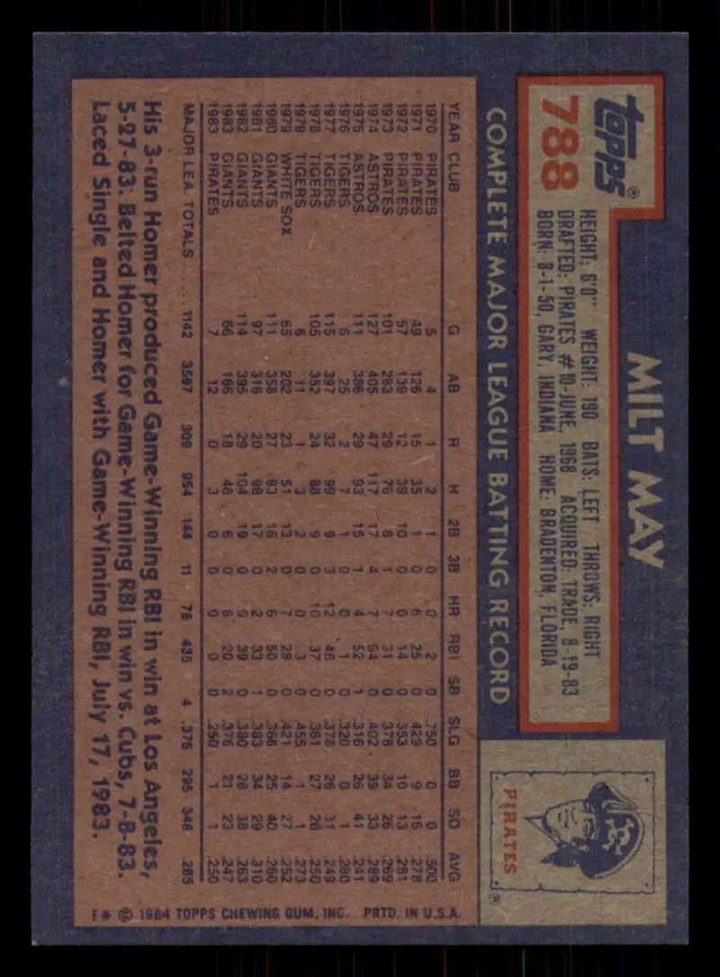1984 Topps #788 Milt May EX Excellent Pittsburgh Pirates Baseball Card - Baseball Card Single