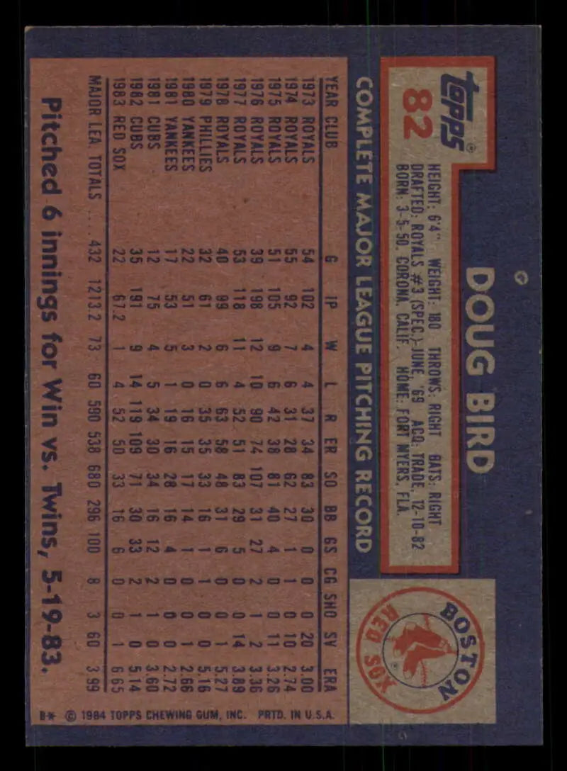 1984 Topps #82 Doug Bird EX Excellent Boston Red Sox Baseball Card - Baseball Card Single