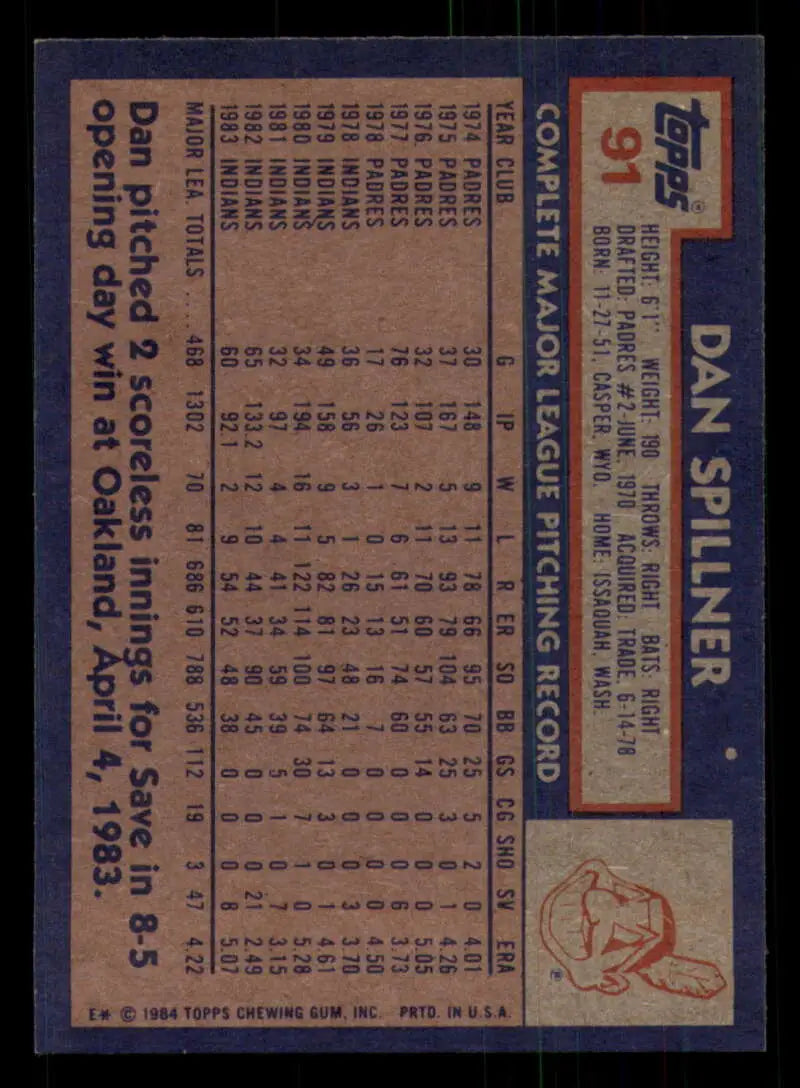 1984 Topps #91 Dan Spillner EX Excellent Cleveland Indians Baseball Card - Baseball Card Single