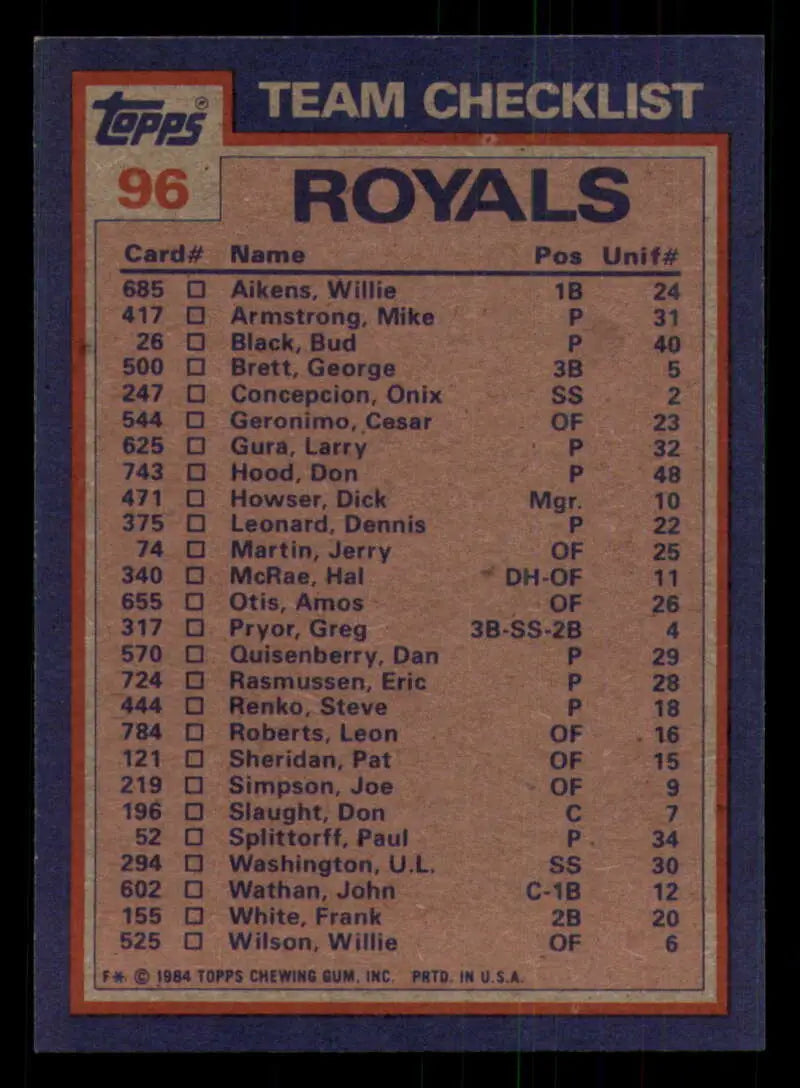 1984 Topps #96 Hal McRae/Larry Gura EX Excellent Kansas City Royals Baseball Card - Baseball Card Single