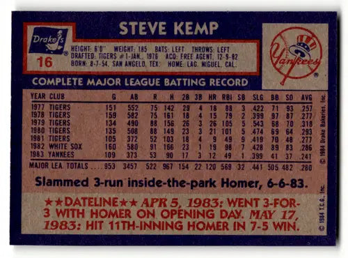 Original gloss Steve Kemp 1984 Topps Big Hitters baseball card Yankees ID 60774