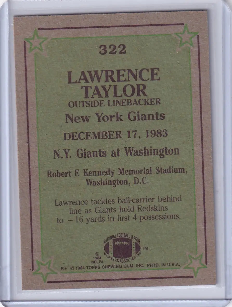 Lawrence Taylor 1984 Topps Football card featuring the New York Giants