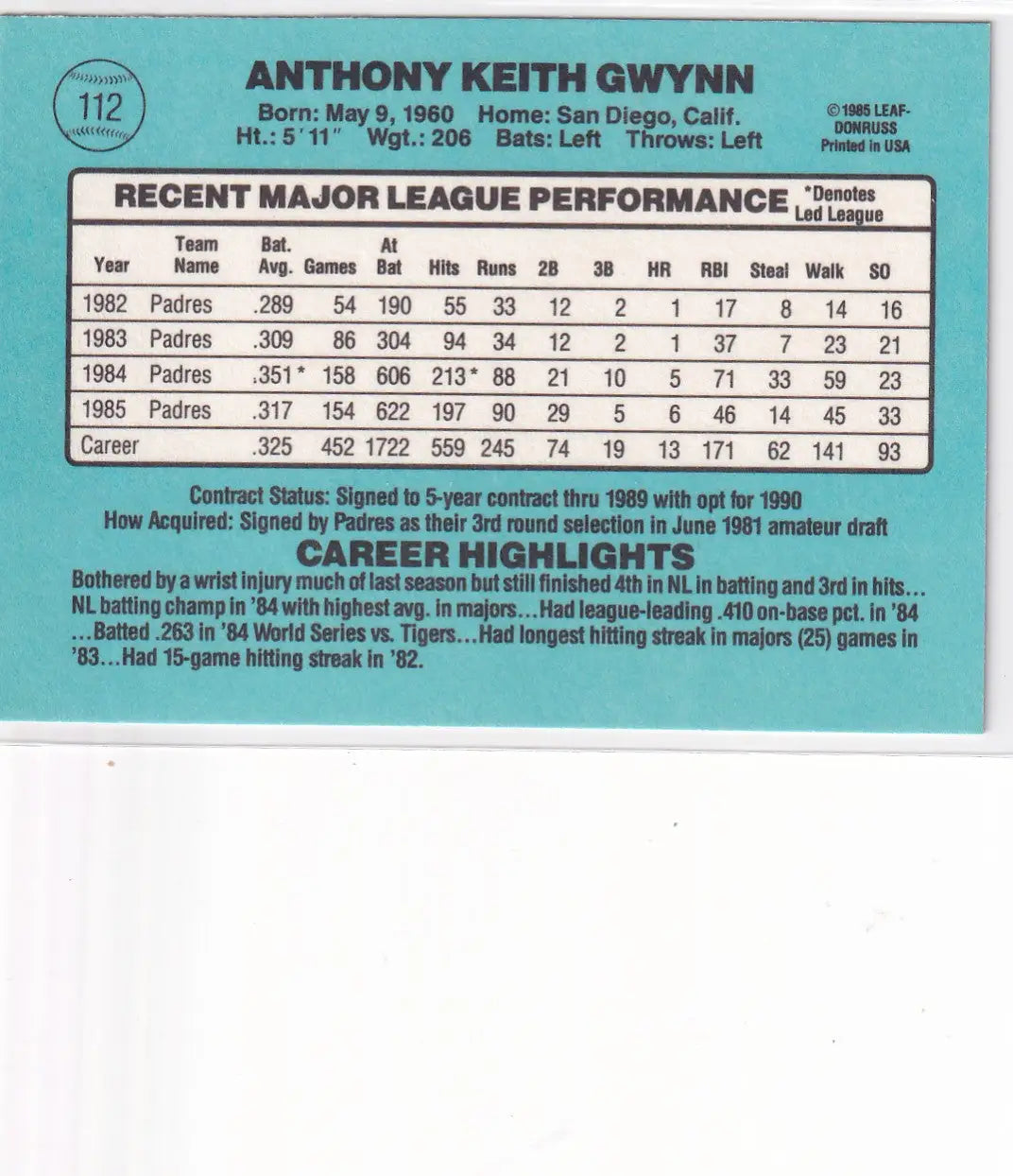1985 DONRUSS #112 TONY GWYNN- SAN DIEGO PADRES - Baseball Card Single