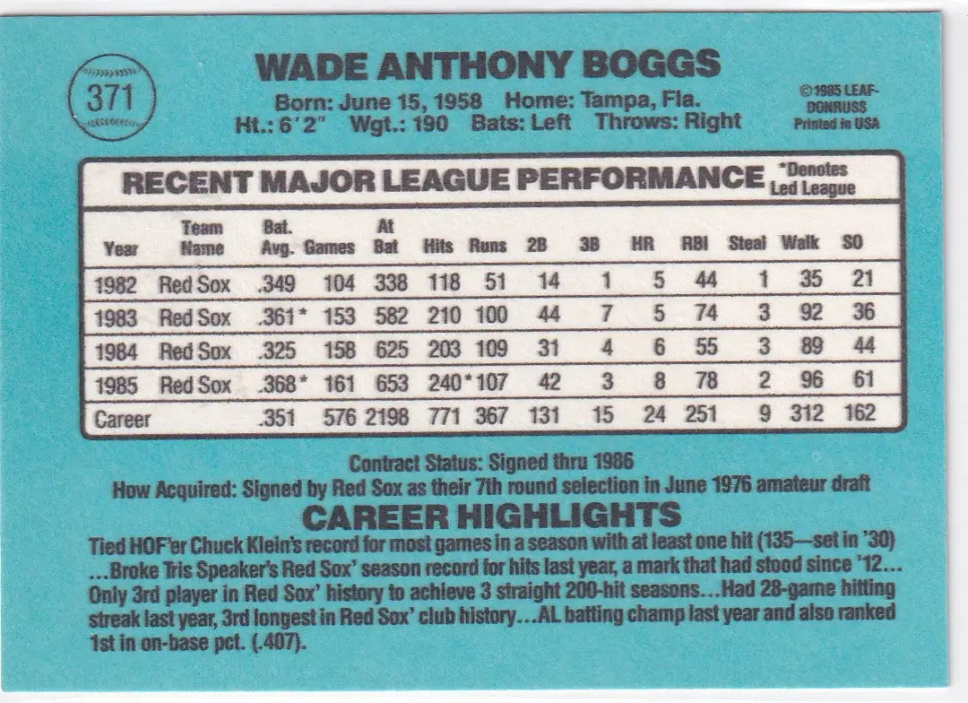 1985 DONRUSS #371 WADE BOGGS- BOSTON RED SOX - Baseball Card Single
