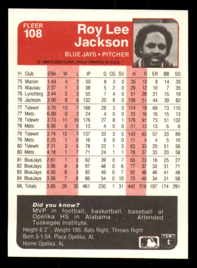 1985 Fleer #108 Roy Lee Jackson EX Excellent Toronto Blue Jays Baseball Card - Baseball Card Single