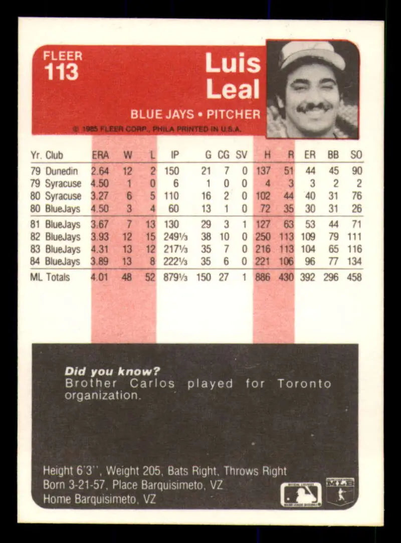 1985 Fleer #113 Luis Leal EX Excellent Toronto Blue Jays Baseball Card - Baseball Card Single