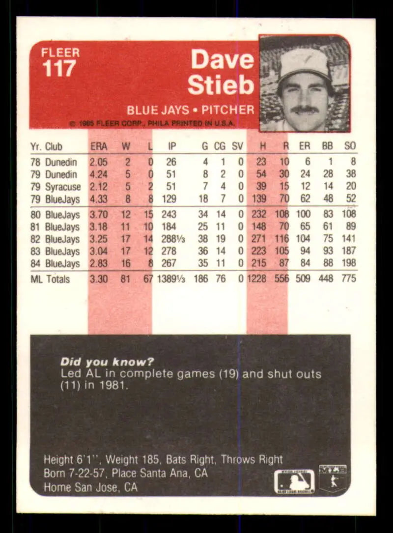 1985 Fleer #117 Dave Stieb EX Excellent Toronto Blue Jays Baseball Card - Baseball Card Single