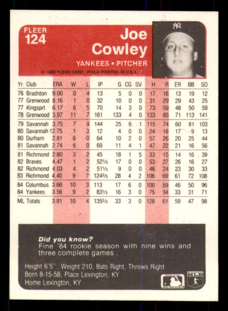 1985 Fleer #124 Joe Cowley EX Excellent New York Yankees Baseball Card - Baseball Card Single