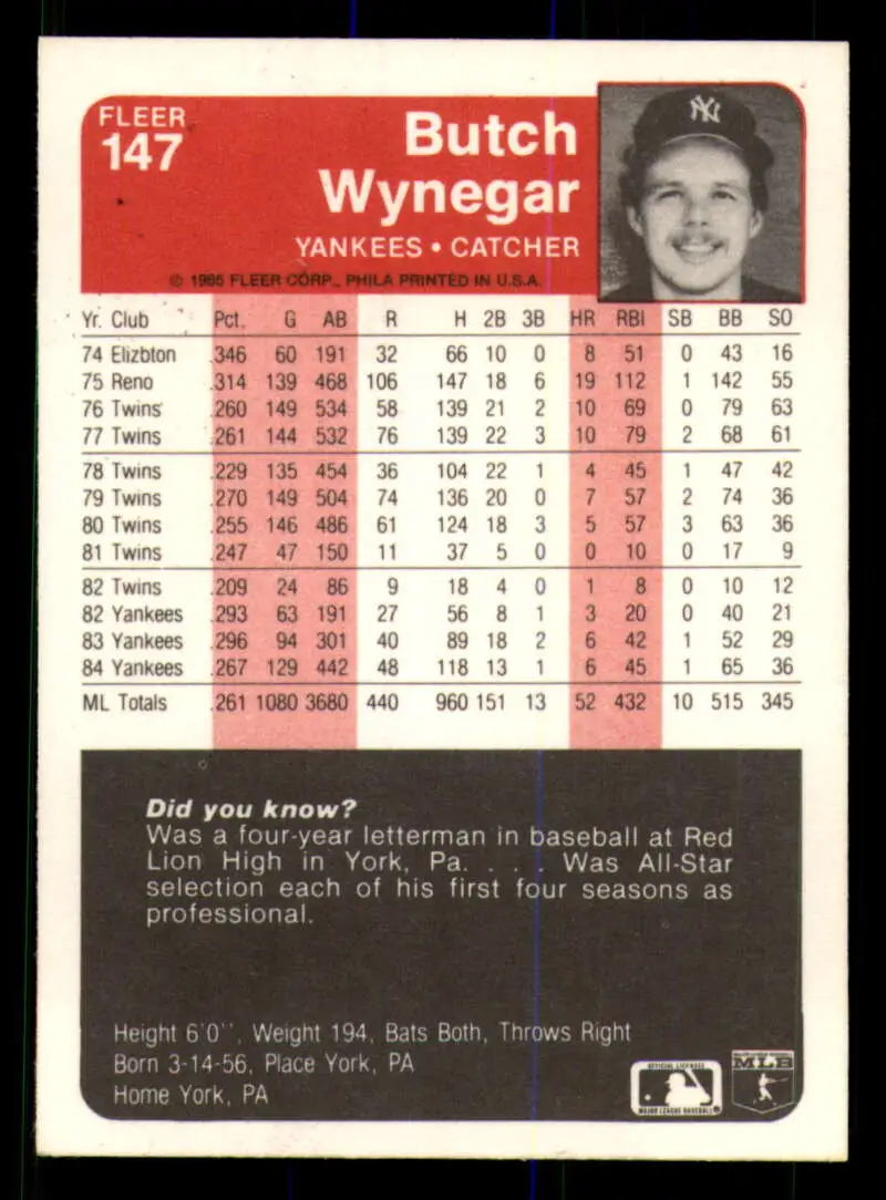 1985 Fleer #147 Butch Wynegar EX Excellent New York Yankees Baseball Card - Baseball Card Single