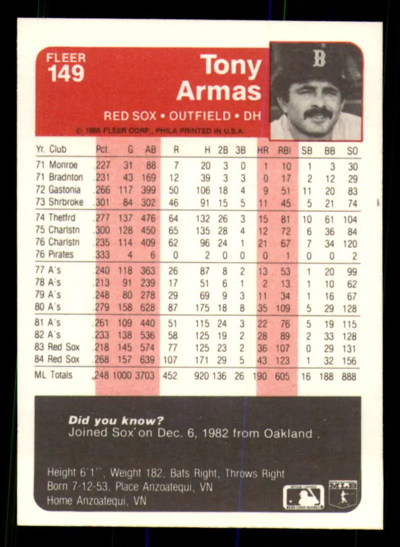 1985 Fleer #149 Tony Armas EX Excellent Boston Red Sox Baseball Card - Baseball Card Single