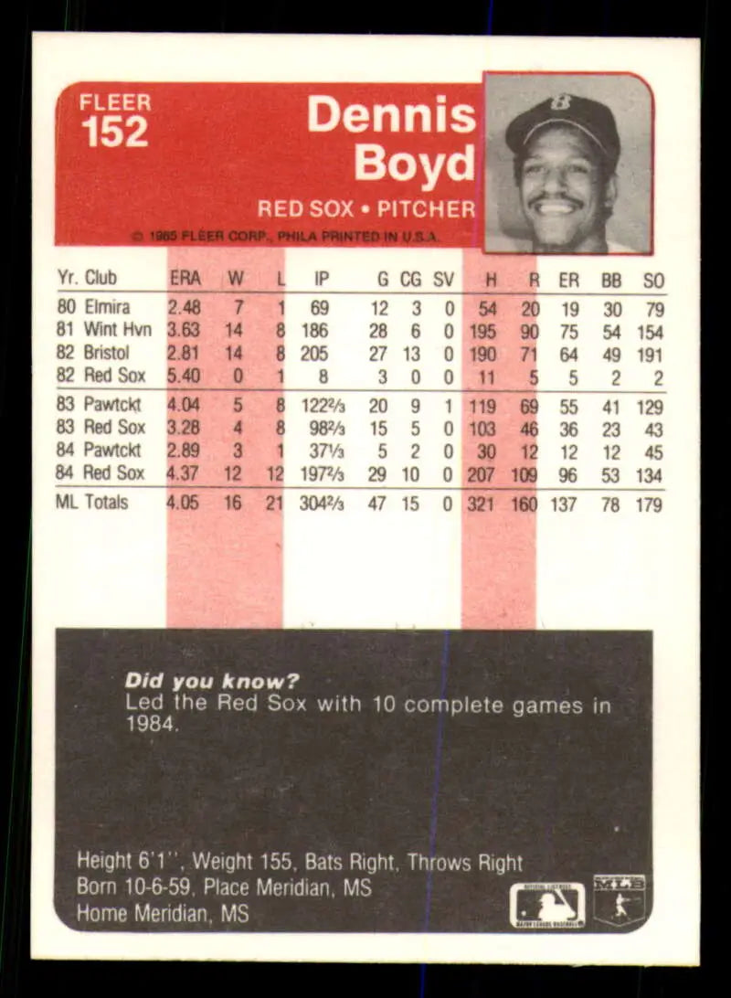 1985 Fleer #152 Oil Can Boyd EX Excellent Boston Red Sox Baseball Card - Baseball Card Single