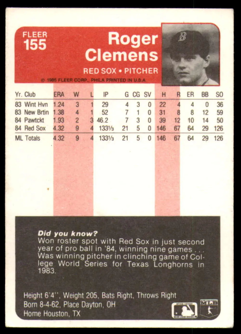 1985 Fleer #155 Roger Clemens EX Excellent RC Rookie Boston Red Sox Baseball Card - Baseball Card Single