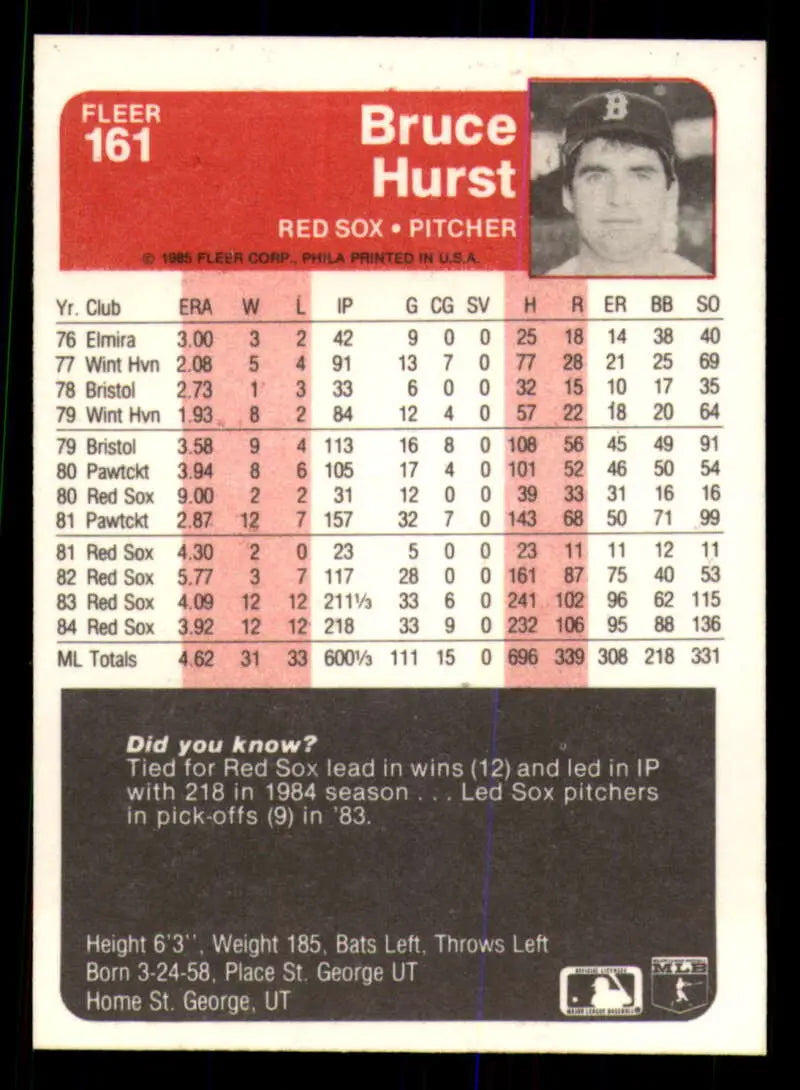 1985 Fleer #161 Bruce Hurst EX Excellent Boston Red Sox Baseball Card - Baseball Card Single