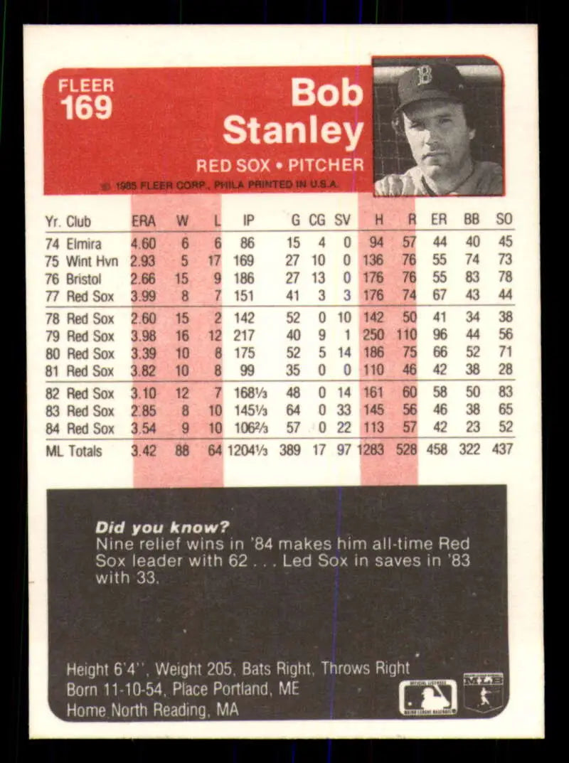 1985 Fleer #169 Bob Stanley EX Excellent Boston Red Sox Baseball Card - Baseball Card Single