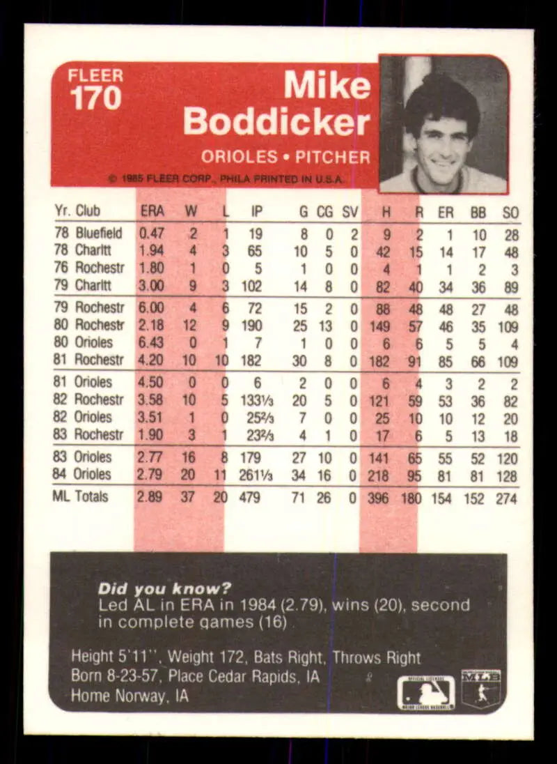 1985 Fleer #170 Mike Boddicker EX Excellent Baltimore Orioles Baseball Card - Baseball Card Single