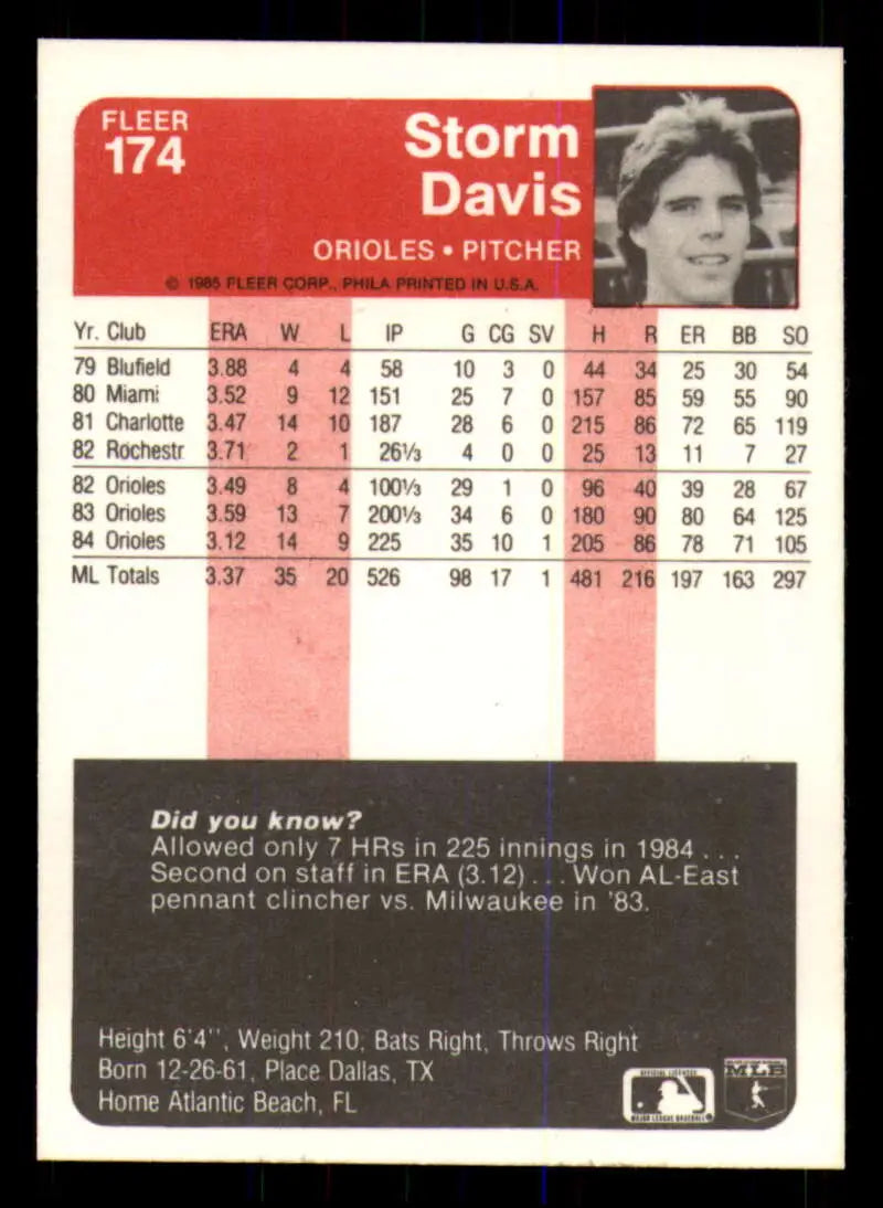 1985 Fleer #174 Storm Davis EX Excellent Baltimore Orioles Baseball Card - Baseball Card Single