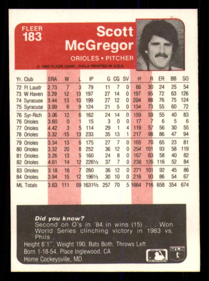 1985 Fleer #183 Scott Mcgregor EX Excellent Baltimore Orioles Baseball Card - Baseball Card Single