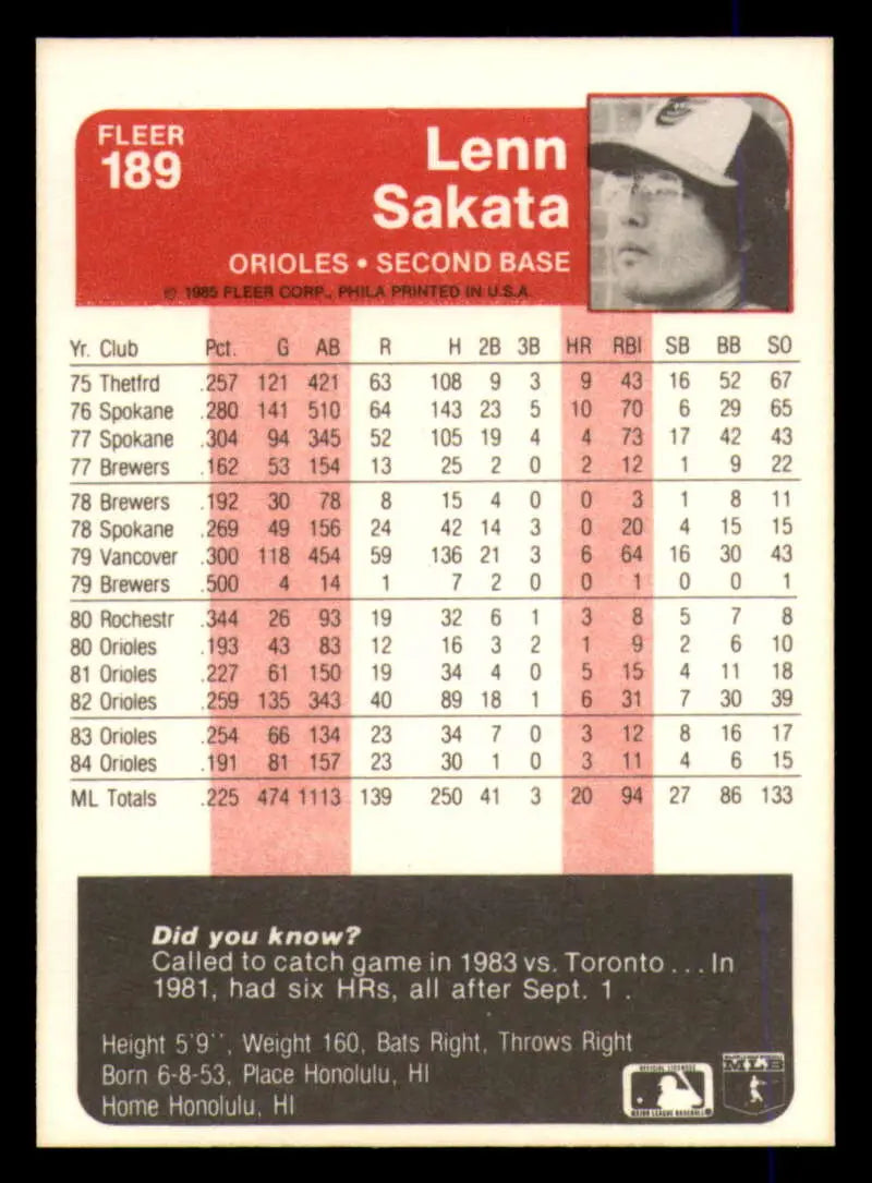1985 Fleer #189 Lenn Sakata EX Excellent Baltimore Orioles Baseball Card - Baseball Card Single