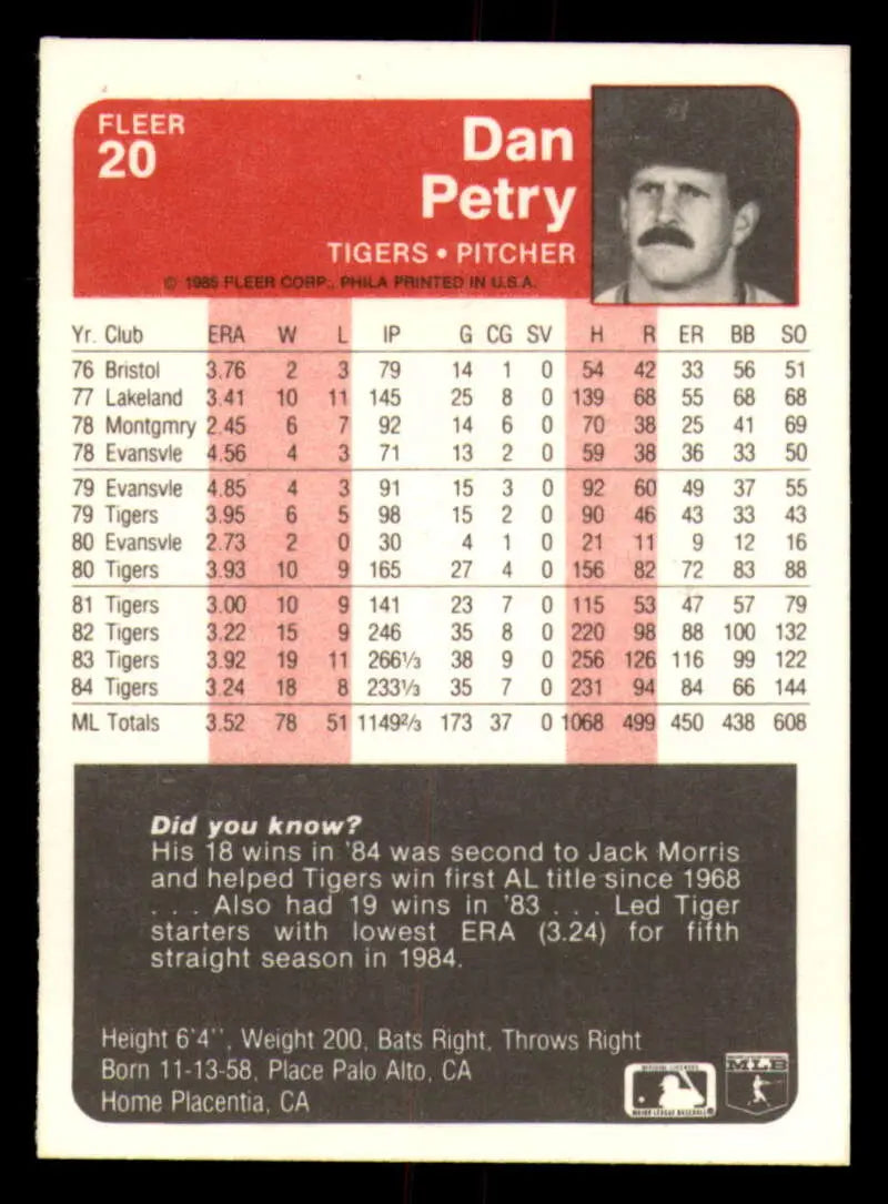1985 Fleer #20 Dan Petry EX Excellent Detroit Tigers Baseball Card - Baseball Card Single