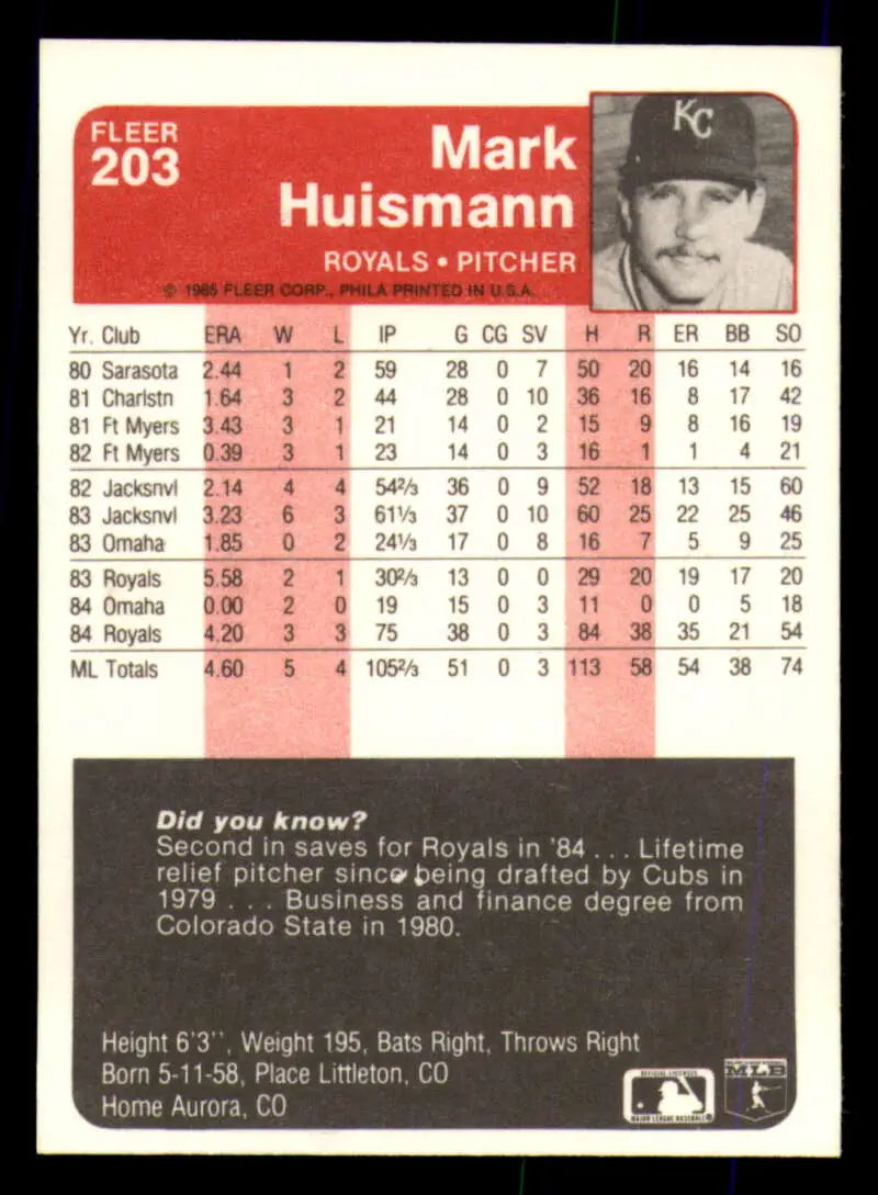 1985 Fleer #203 Mark Huismann EX Excellent Kansas City Royals Baseball Card - Baseball Card Single