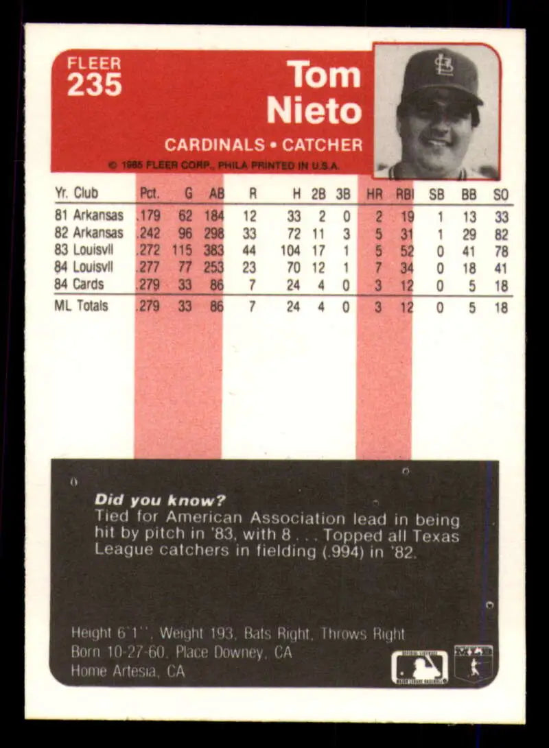 1985 Fleer #235 Tom Nieto EX Excellent RC Rookie St. Louis Cardinals Baseball Card - Baseball Card Single