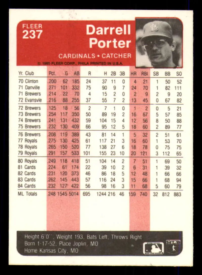 1985 Fleer #237 Darrell Porter EX Excellent St. Louis Cardinals Baseball Card - Baseball Card Single