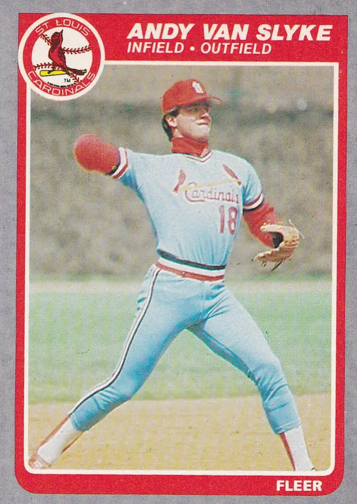 Baseball card of Andy Van Slyke in throwing motion for the St. Louis Cardinals