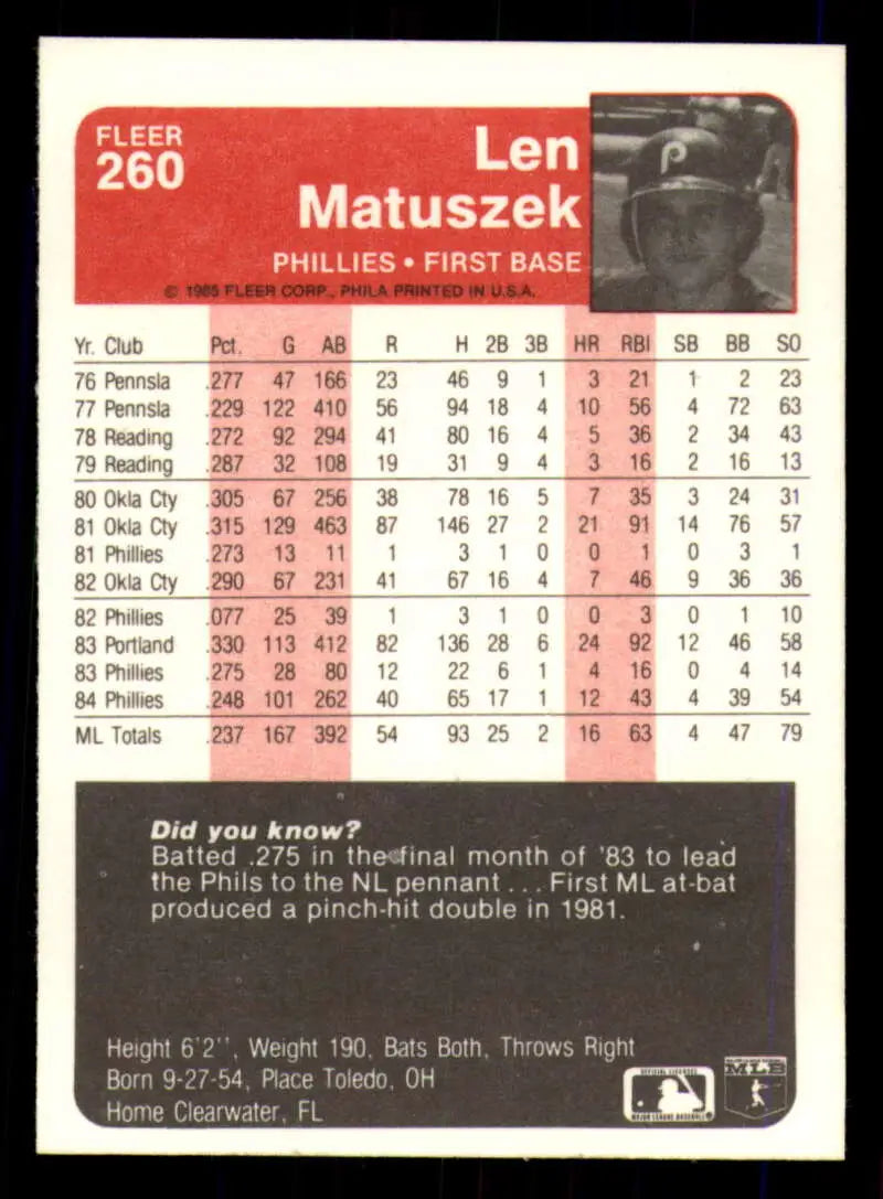 1985 Fleer #260 Len Matuszek EX Excellent Philadelphia Phillies Baseball Card - Baseball Card Single