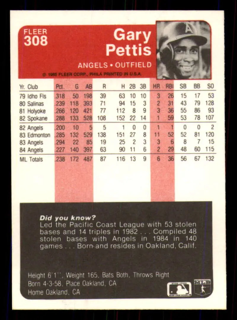 1985 Fleer #308 Gary Pettis EX Excellent California Angels Baseball Card - Baseball Card Single