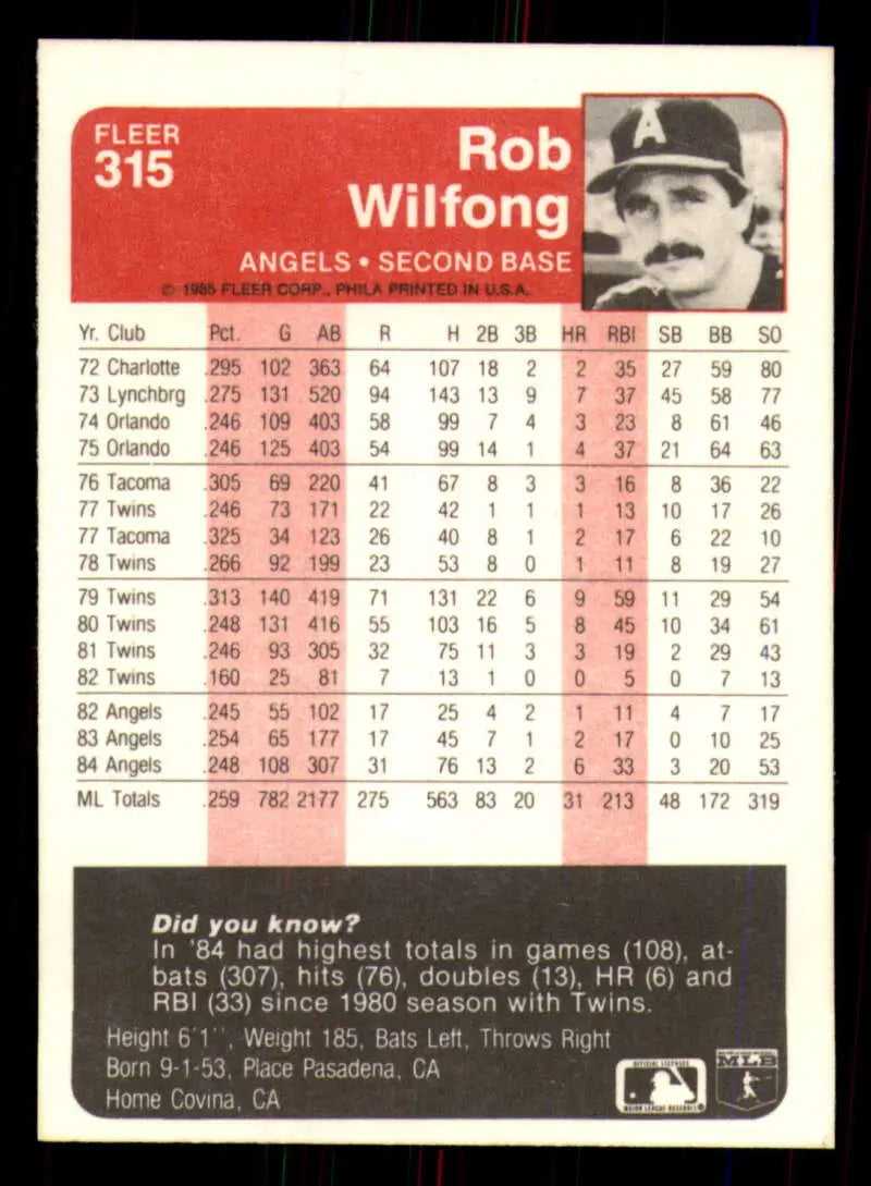 1985 Fleer #315 Rob Wilfong EX Excellent California Angels Baseball Card - Baseball Card Single