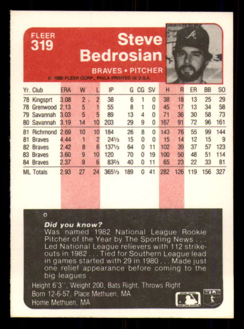 1985 Fleer #319 Steve Bedrosian EX Excellent Atlanta Braves Baseball Card